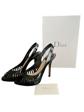 Christian Dior Women’s Whisper Black Patent Leather Peep Toe Sandals Heels 37